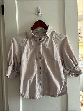Free People Light Lavender/Taupe Button-Front Cotton Shirt w/ Puff Sleeves